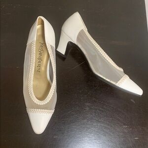 Yves Saint Laurent White Cream Mesh Kitten Pointy Toe Heel Shoes Sz. 36